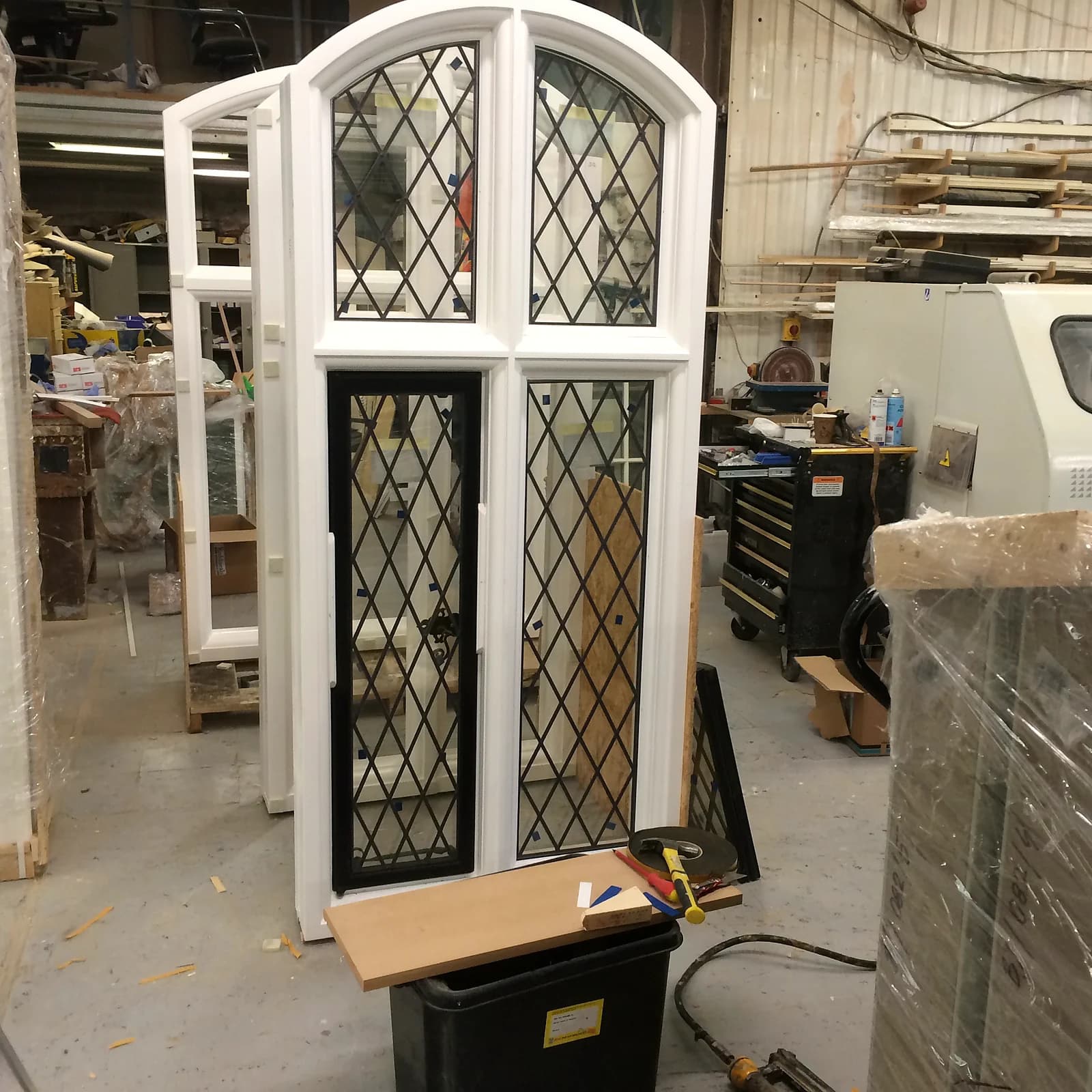 Full arched timber window with leaded lights in build in the workshop