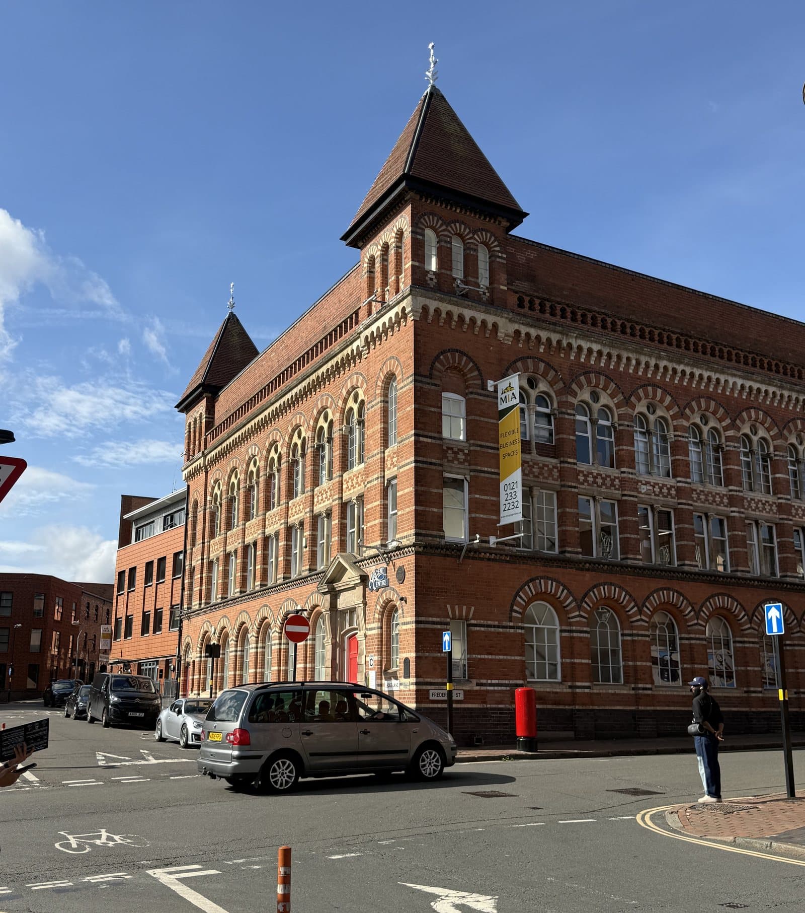The Argent Centre, a red-brick Victorian building on Frederick Street in Birmingham's Jewellery Quarter