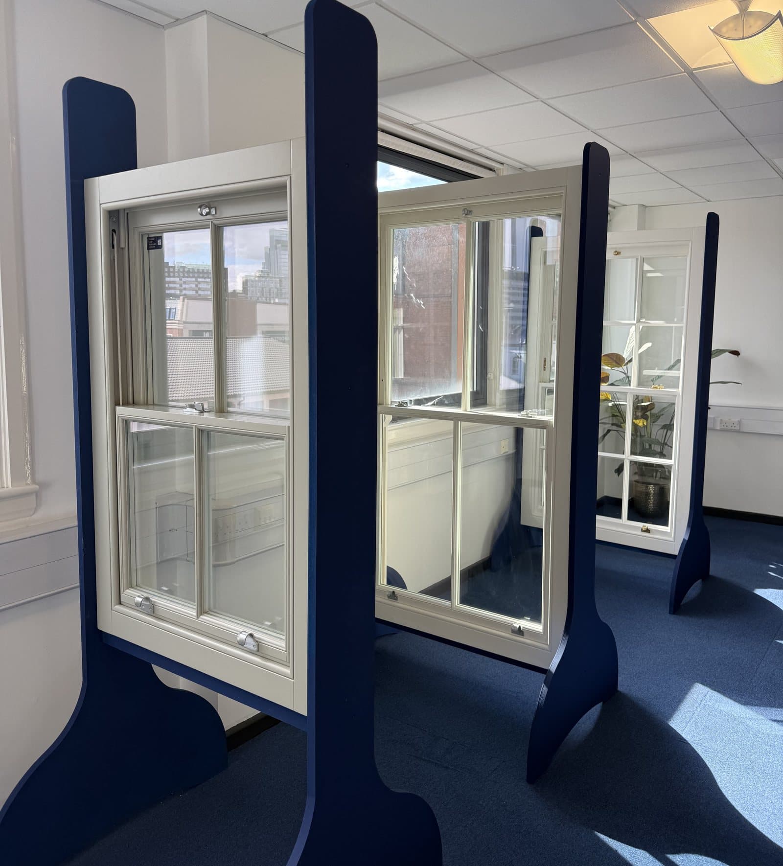 Full-size timber sash windows on navy display stands in the Timber Sash Windows London showroom